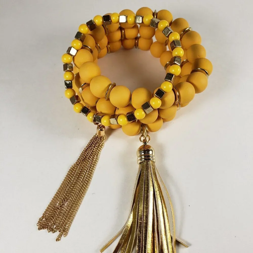 Set of 4 Yellow Beaded Tassel Colorful Bracelet– Stretchy Layered Boho Chic